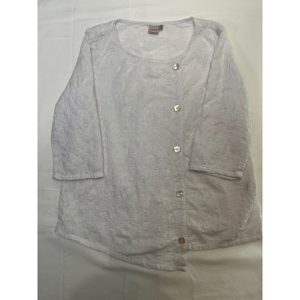 Focus White Cotton Embroidered Asymmetric Button Blouse Top Womens Medium